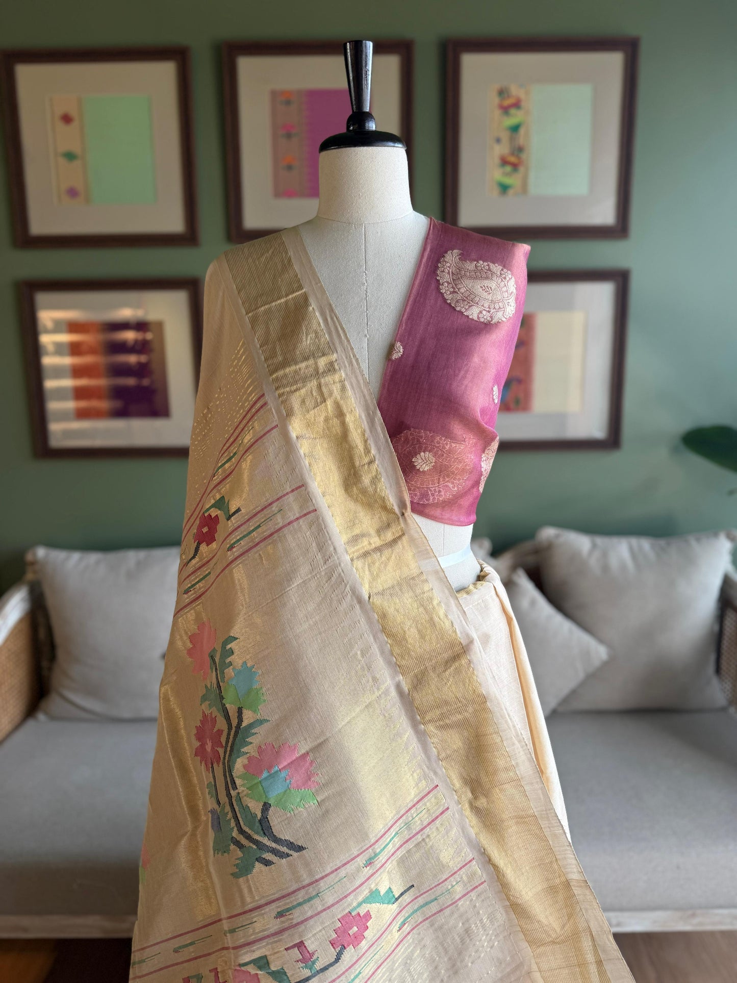 Beige Cotton Paithani with Floral Pallu