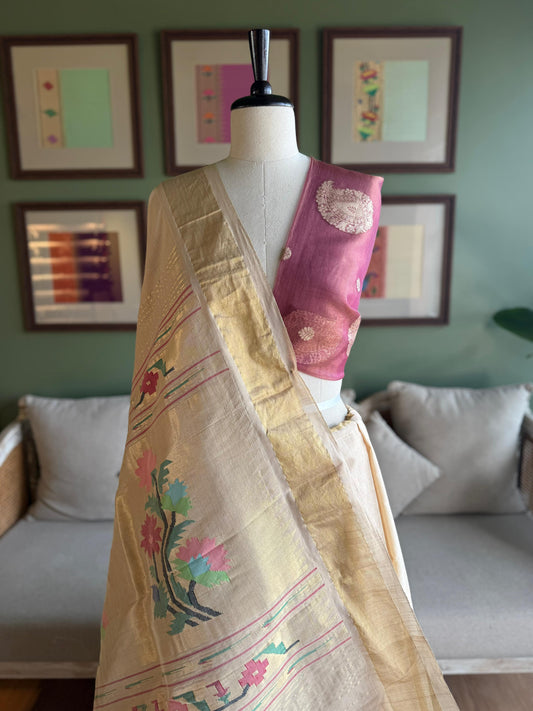 Beige Cotton Paithani with Floral Pallu
