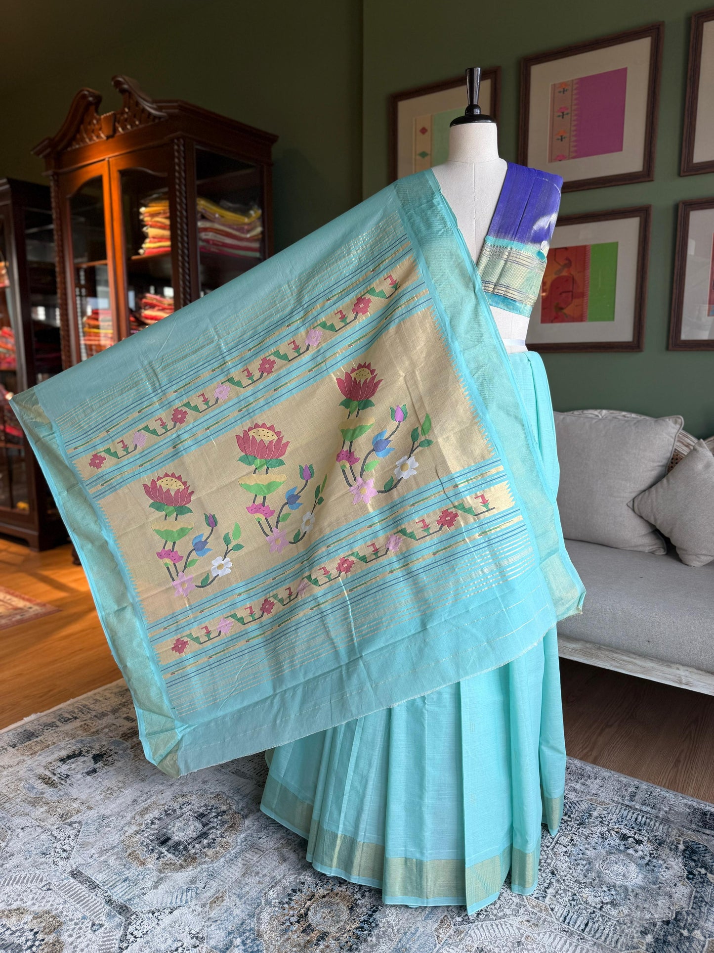 Sky Blue Cotton Paithani with Lotus Pallu