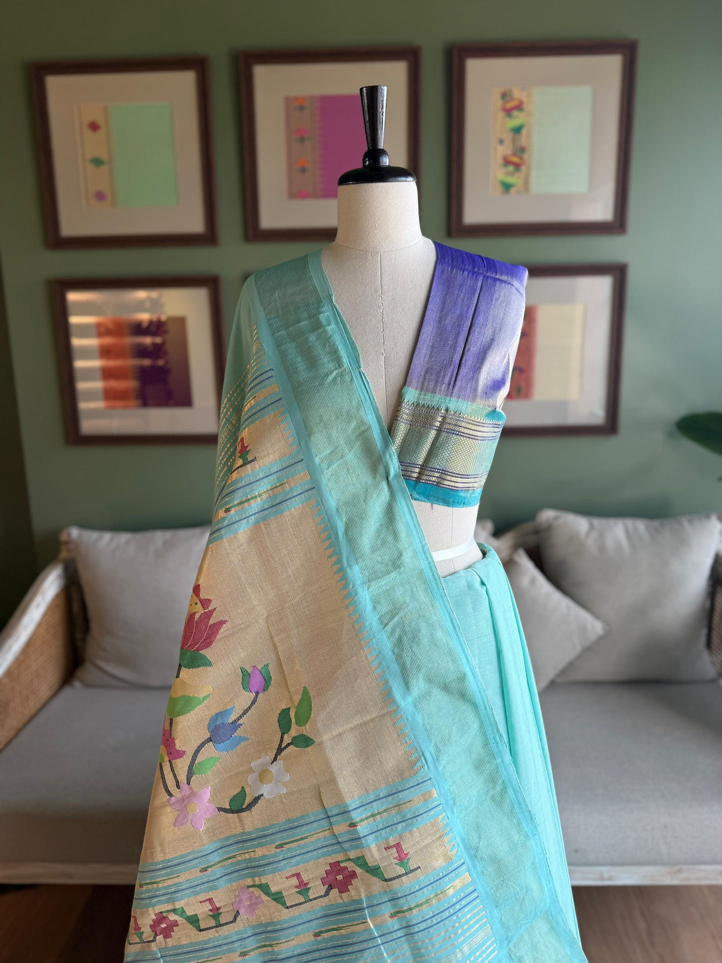 Sky Blue Cotton Paithani with Lotus Pallu