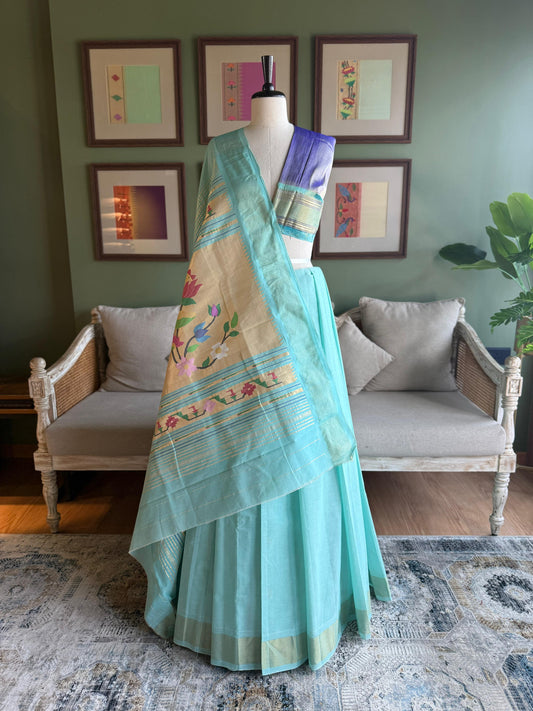 Sky Blue Cotton Paithani with Lotus Pallu