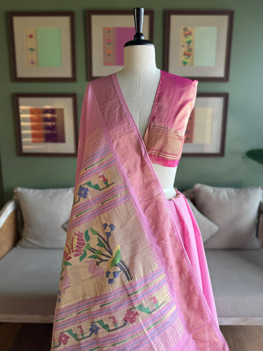 Baby Pink Cotton Paithani with Lotus Pallu