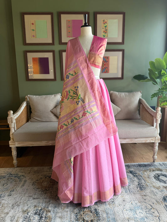 Baby Pink Cotton Paithani with Lotus Pallu