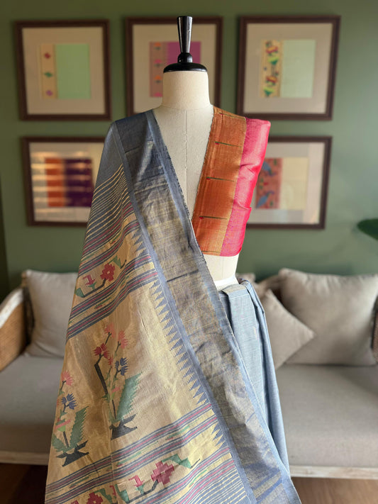 Grey Cotton Paithani with Asavali Pallu