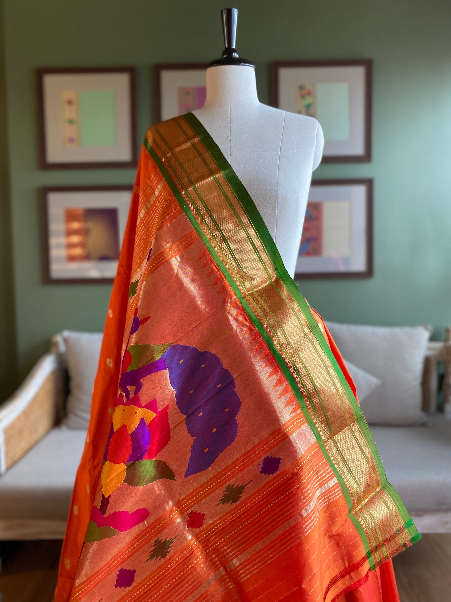 Orange Paithani with Large Peacock Pallu