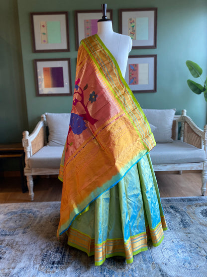 Blue x Green Paithani with Large Peacock Pallu
