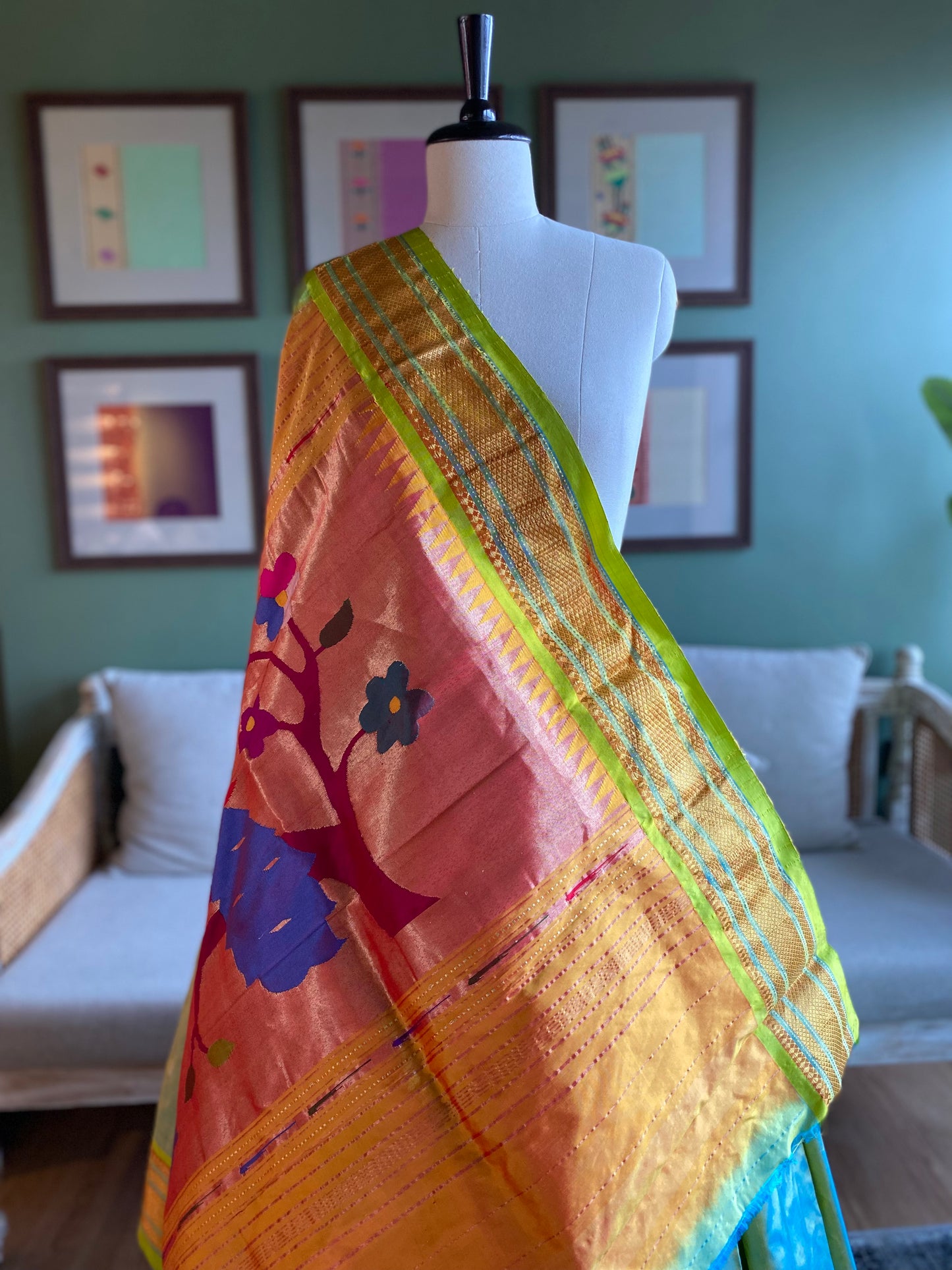 Blue x Green Paithani with Large Peacock Pallu
