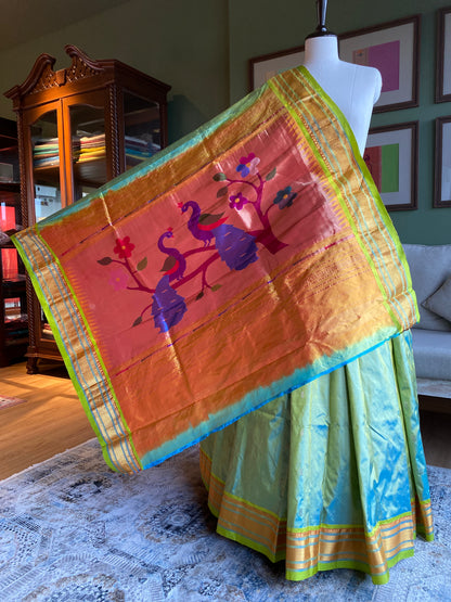 Blue x Green Paithani with Large Peacock Pallu