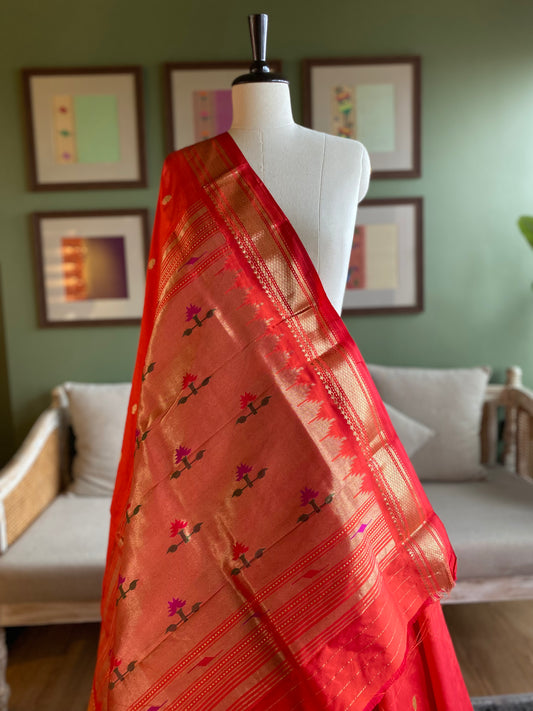 Orange x Red Paithani with Asavali Motif Pallu