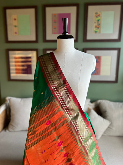 Bottle Green Paithani with Contrast Border and Peacock Pallu