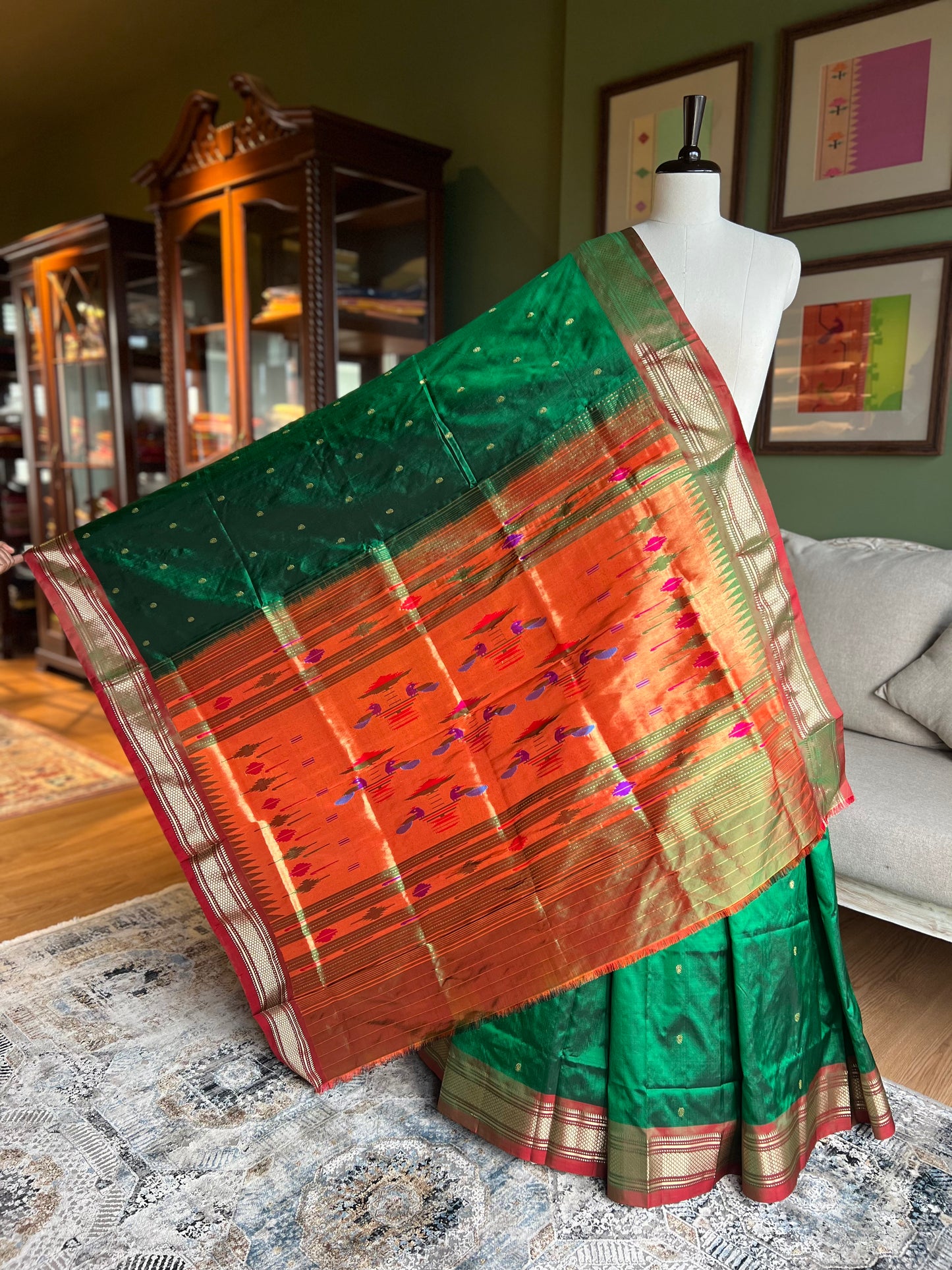Bottle Green Paithani with Contrast Border and Peacock Pallu