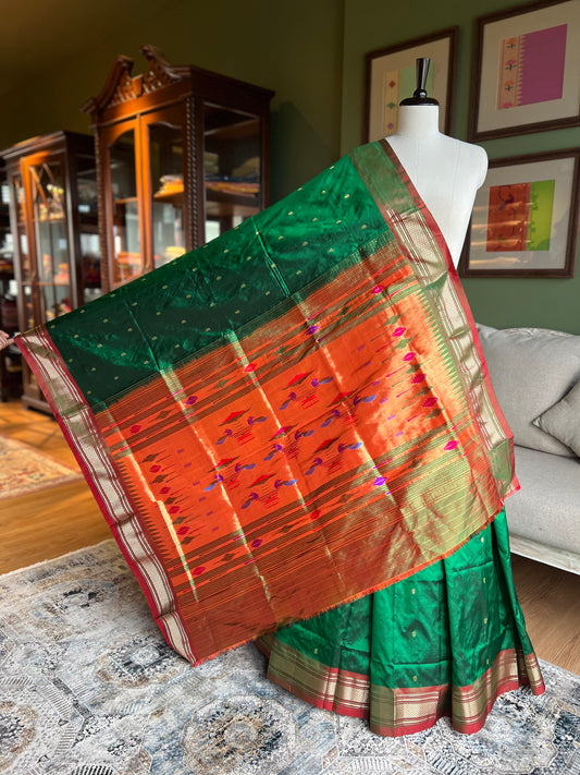 Bottle Green Paithani with Contrast Border and Peacock Pallu