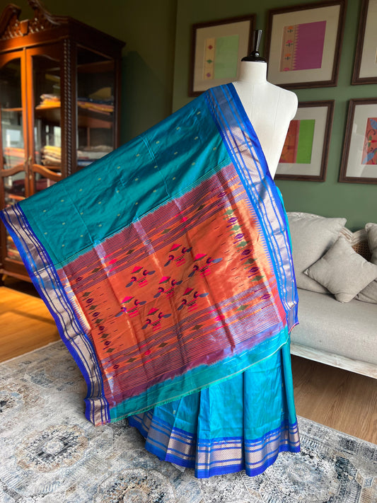 Blue Paithani with Dark Blue Border and Peacock Pallu
