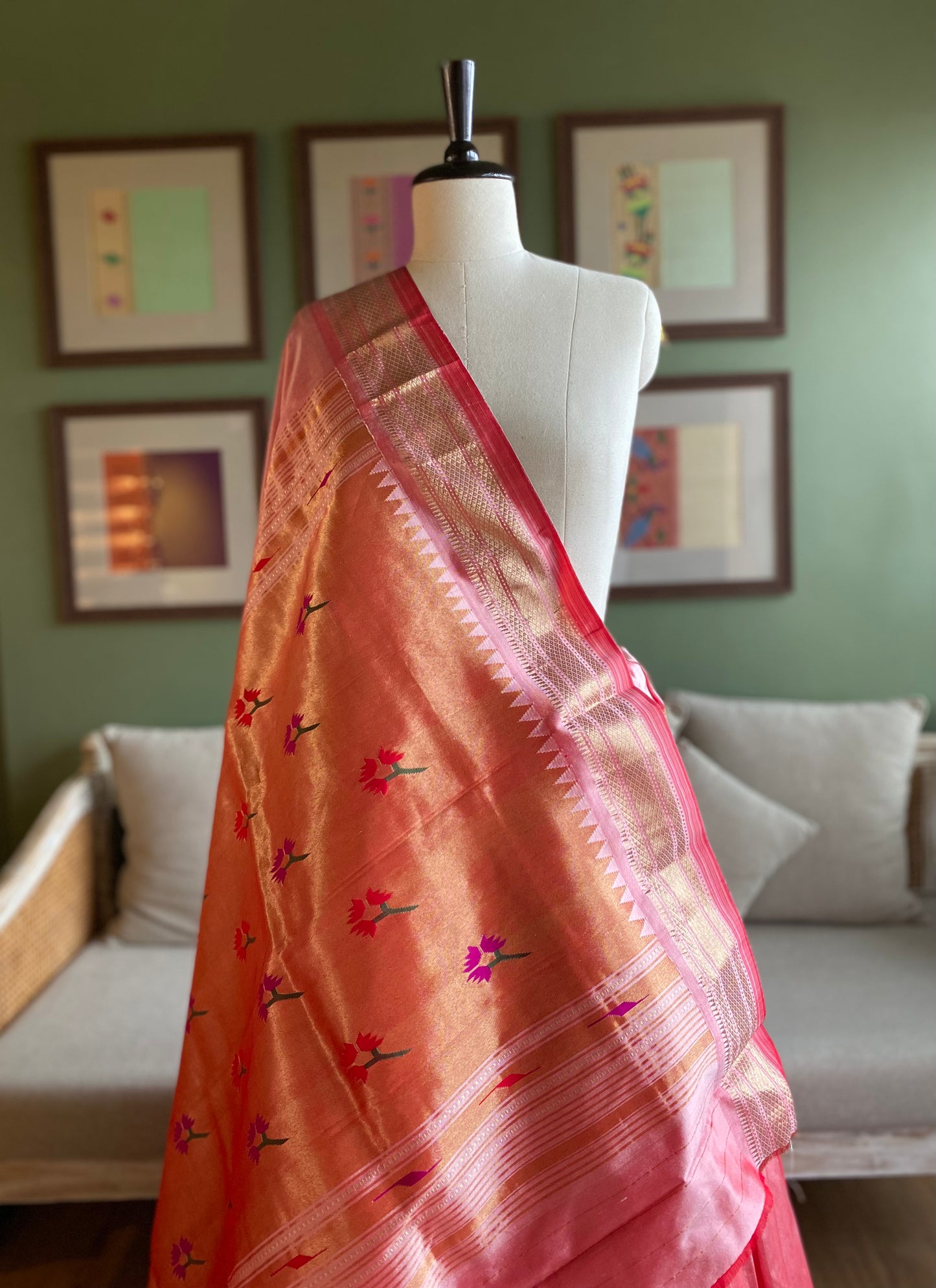 Peachy Pink Paithani with Asavali Motif Pallu