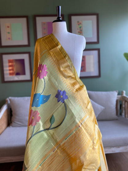 Light Yellow Paithani with Large Peacock Pallu
