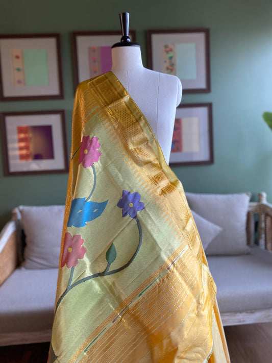 Light Yellow Paithani with Large Peacock Pallu