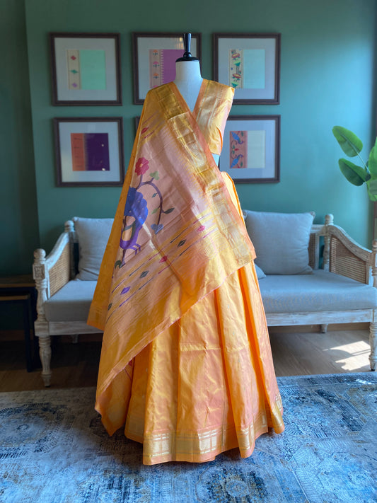 Yellow x Peach Paithani with Large Peacock Pallu