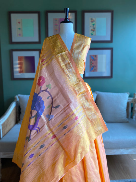 Yellow x Peach Paithani with Large Peacock Pallu