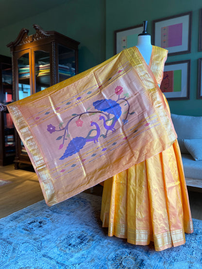 Yellow x Peach Paithani with Large Peacock Pallu