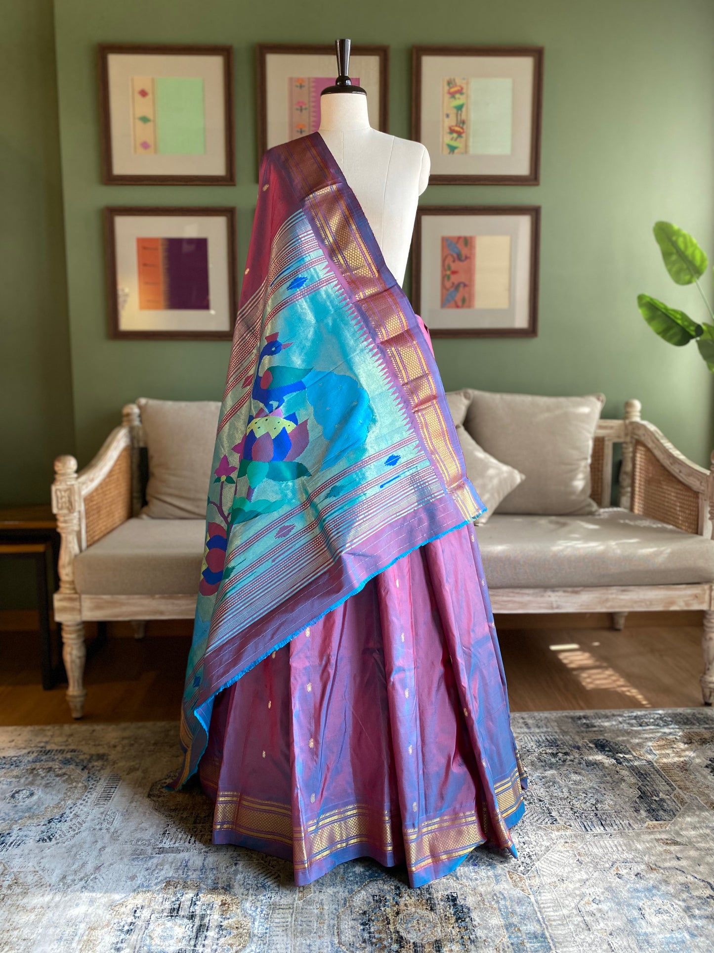 Purple x Blue Paithani with Lotus - Peacock Pallu