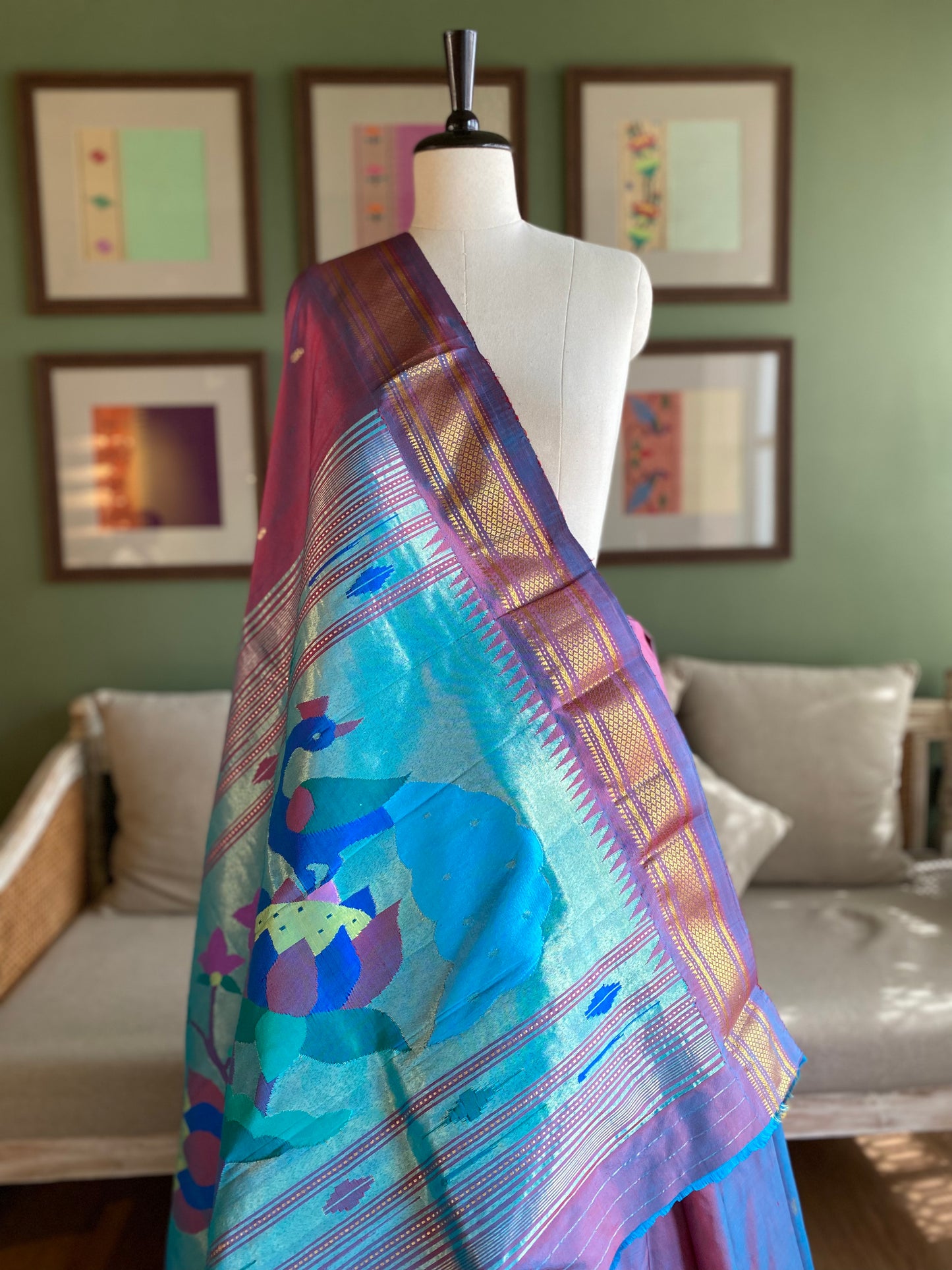 Purple x Blue Paithani with Lotus - Peacock Pallu