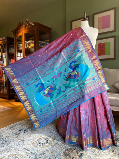Purple x Blue Paithani with Lotus - Peacock Pallu