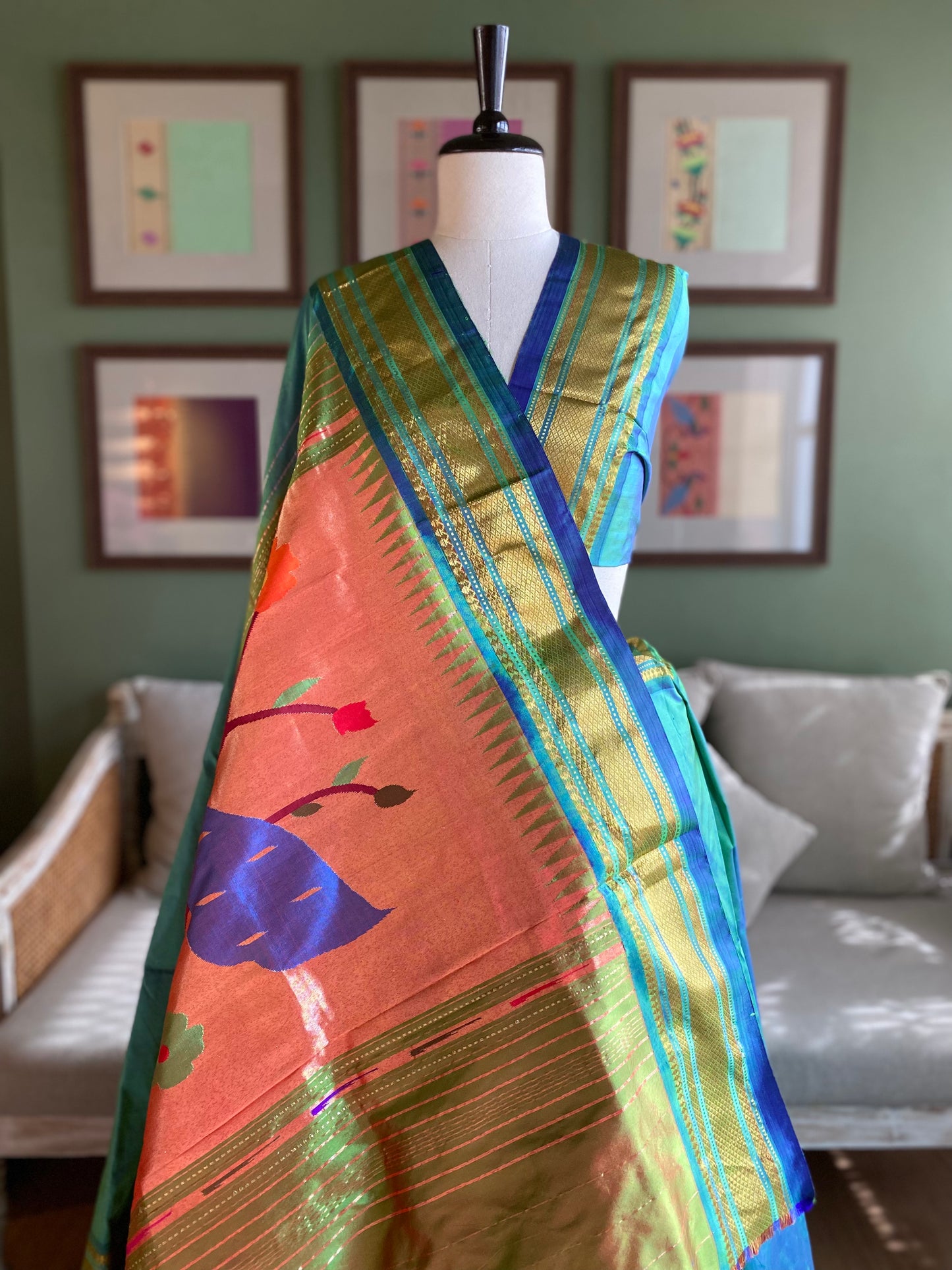 Turquoise Paithani with Large Peacock Pallu