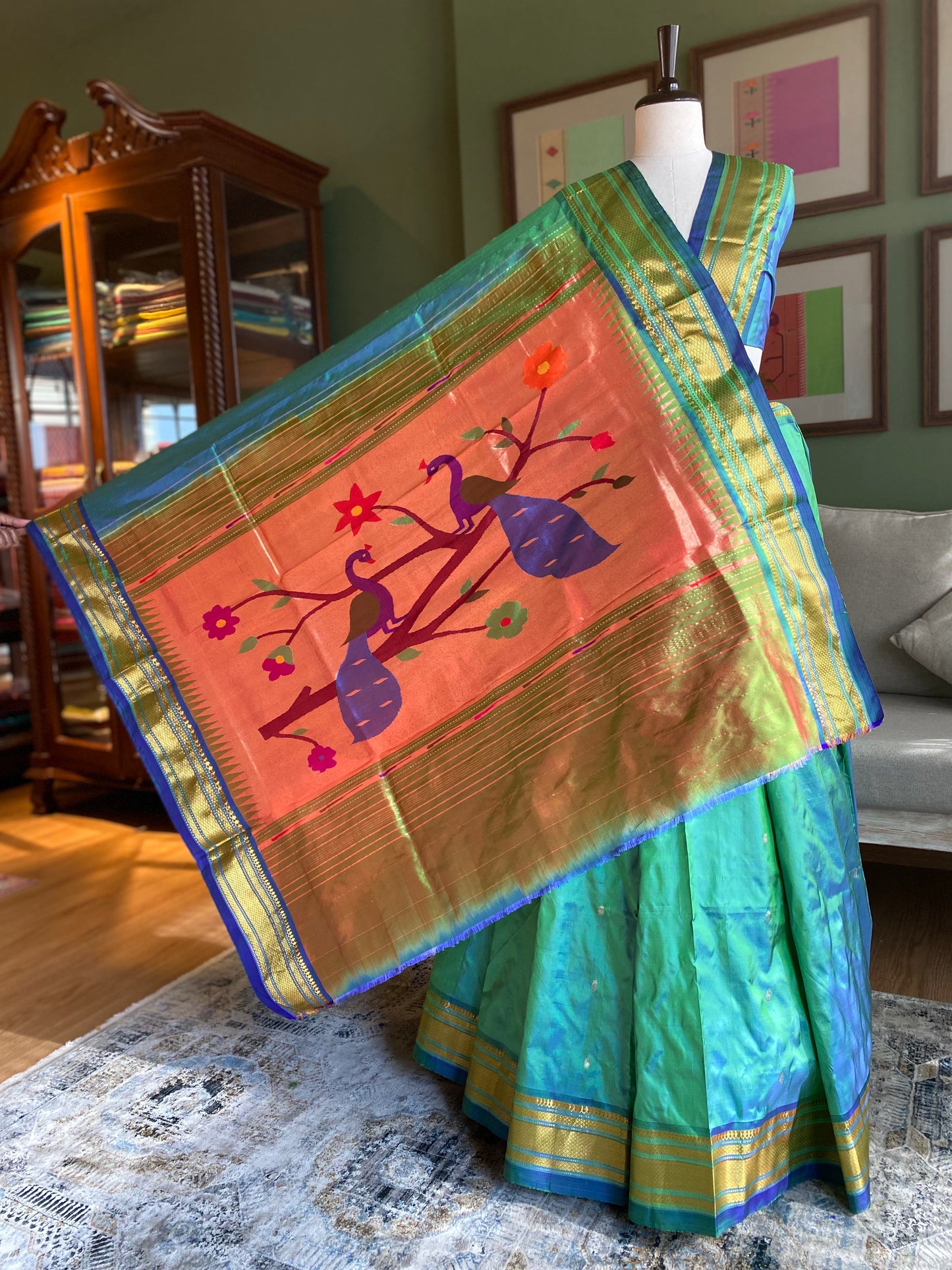 Turquoise Paithani with Large Peacock Pallu