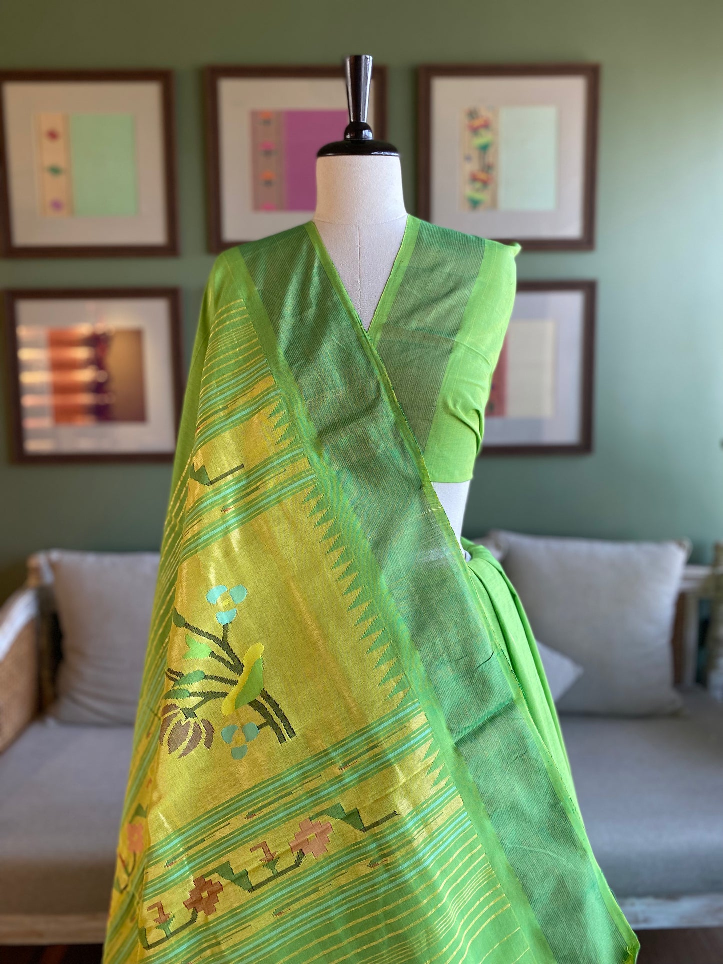 Lime Green Cotton Paithani with Lotus Pallu