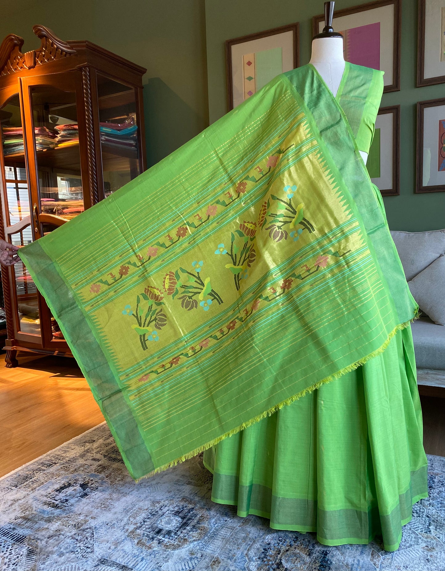 Lime Green Cotton Paithani with Lotus Pallu
