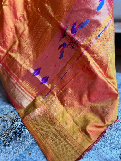 Orange Dupatta with Narali Border and Peacock Pallu