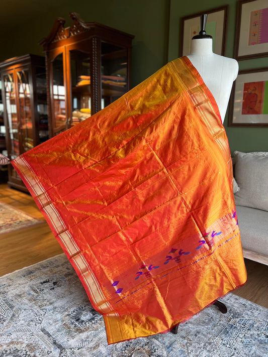 Orange Dupatta with Narali Border and Peacock Pallu