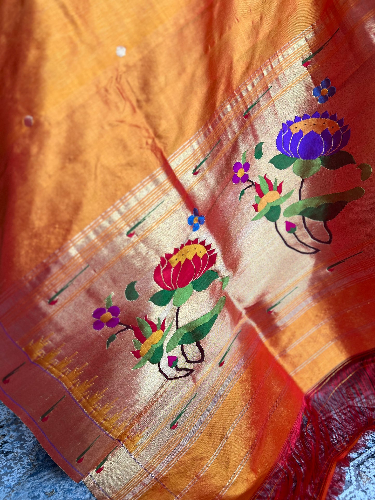 Mango Orange Dupatta with Muniya Border and Lotus Pallu