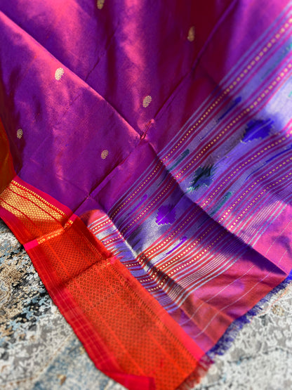 Purple Dupatta with Contrast Narali Border and Barao Pallu