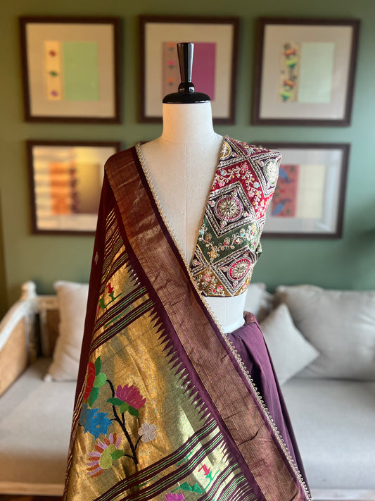 Maroon Cotton Paithani with Peacock/Lotus Pallu