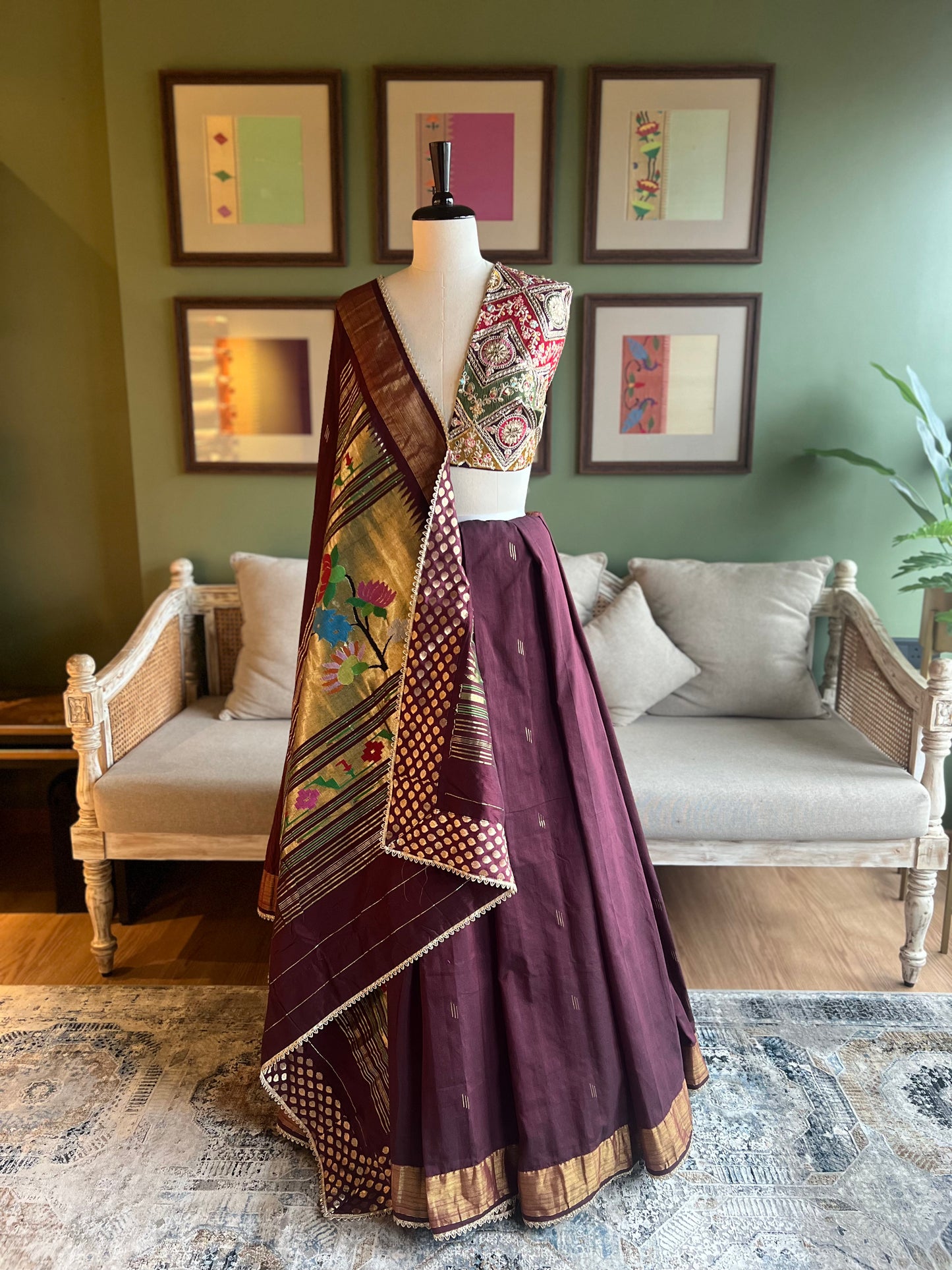 Maroon Cotton Paithani with Peacock/Lotus Pallu