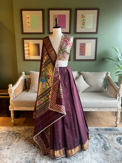 Maroon Cotton Paithani with Peacock/Lotus Pallu