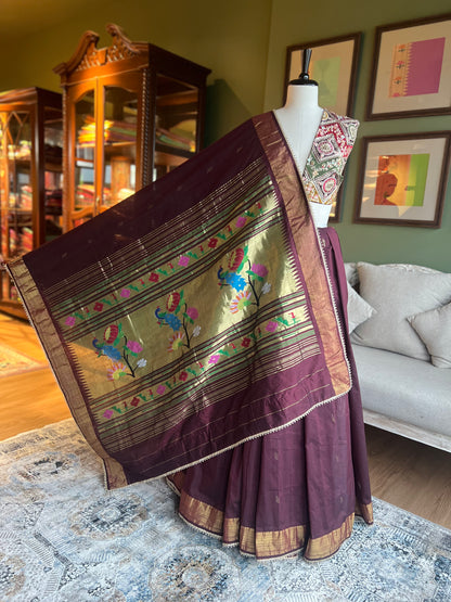 Maroon Cotton Paithani with Peacock/Lotus Pallu