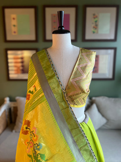 Lime Green Cotton Paithani with Floral Pallu