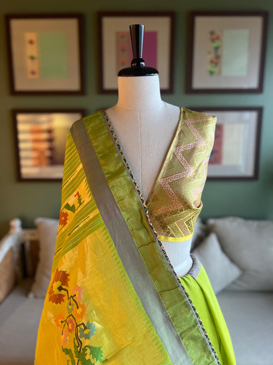 Lime Green Cotton Paithani with Floral Pallu