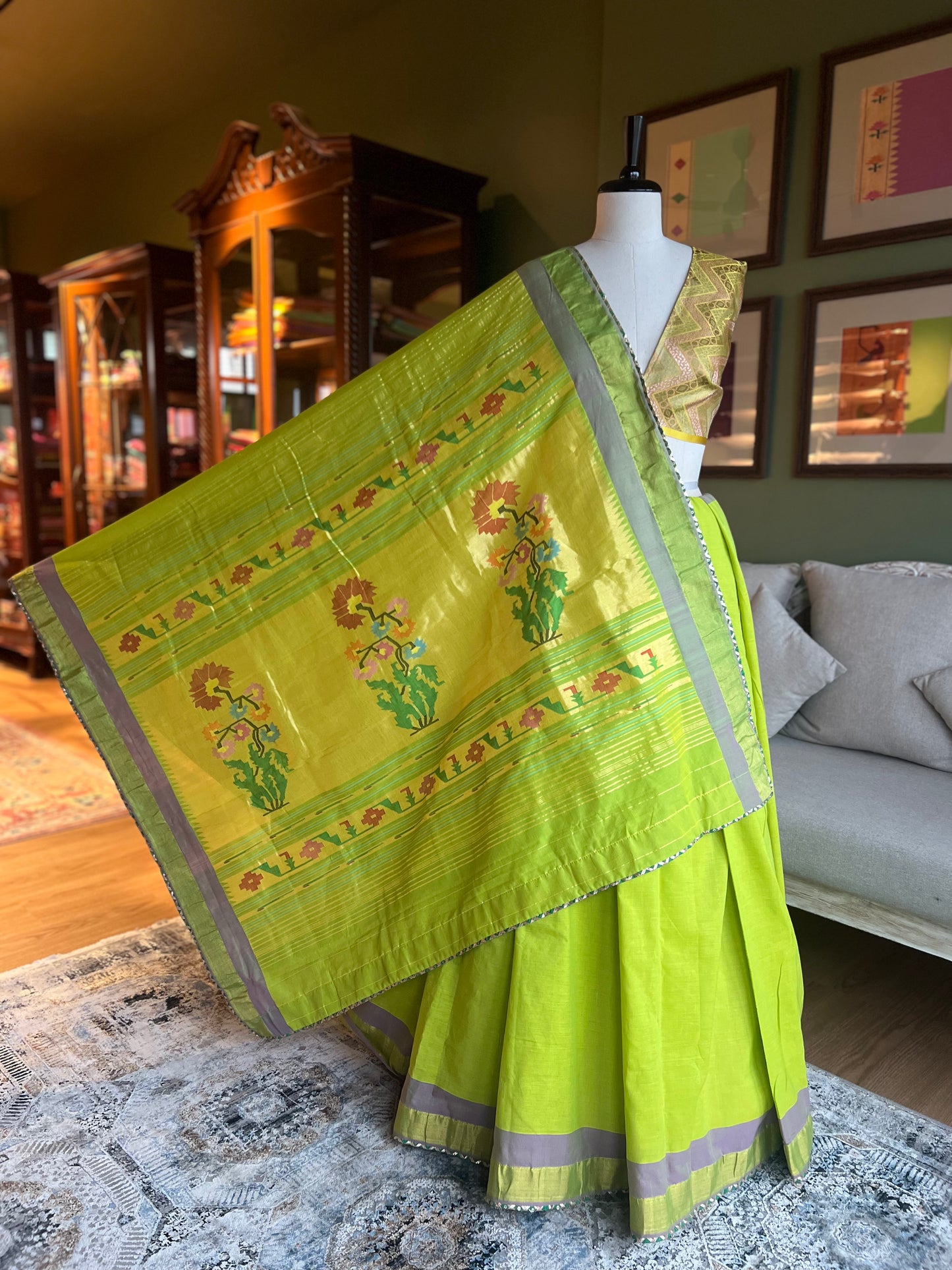 Lime Green Cotton Paithani with Floral Pallu
