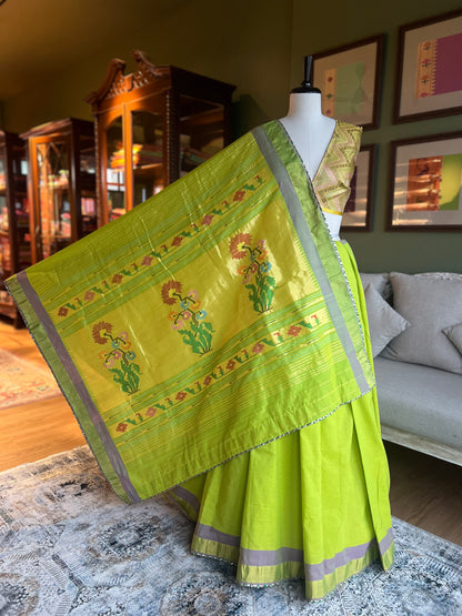 Lime Green Cotton Paithani with Floral Pallu