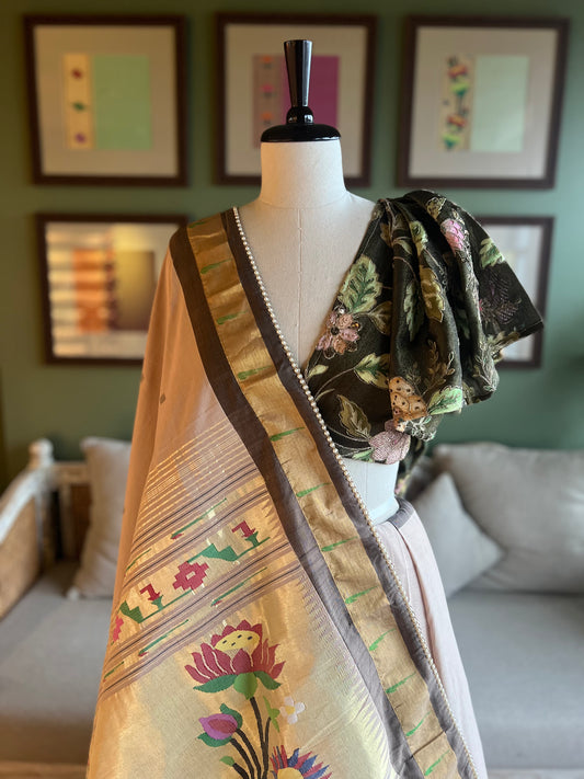 Beige Cotton Paithani with Muniya Border and Lotus Pallu
