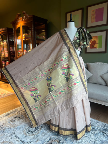 Beige Cotton Paithani with Muniya Border and Lotus Pallu