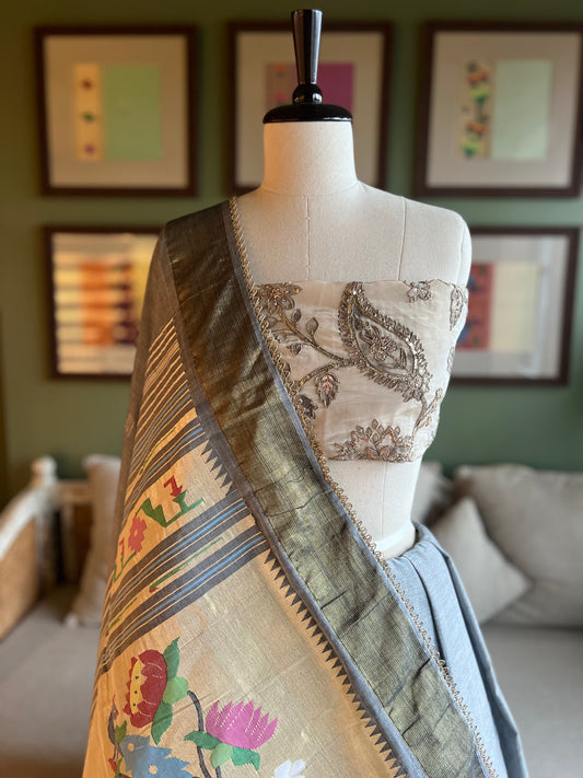 Grey Cotton Paithani with Peacock/Lotus Pallu