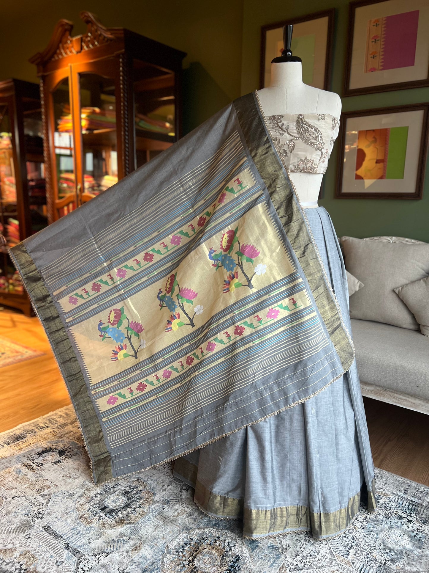 Grey Cotton Paithani with Peacock/Lotus Pallu