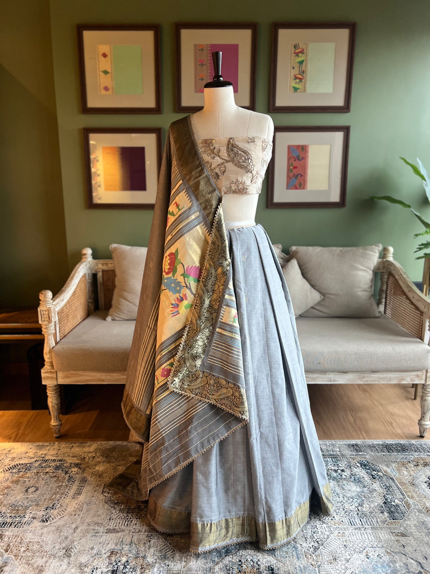Grey Cotton Paithani with Peacock/Lotus Pallu