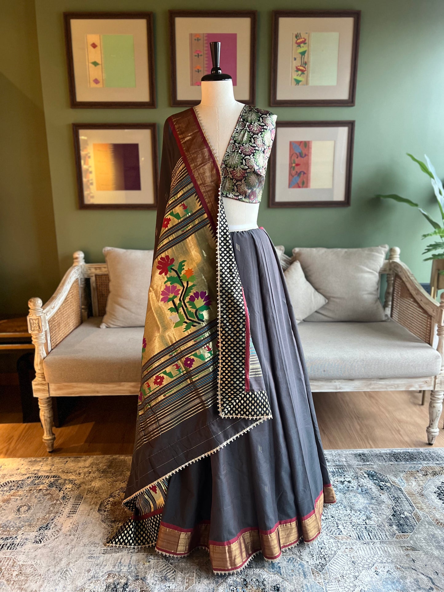 Charcoal Grey Cotton Paithani with Floral Pallu
