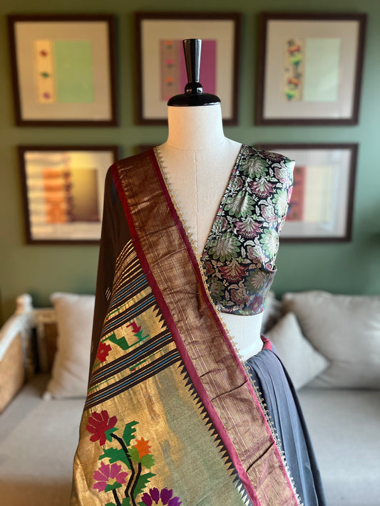 Charcoal Grey Cotton Paithani with Floral Pallu