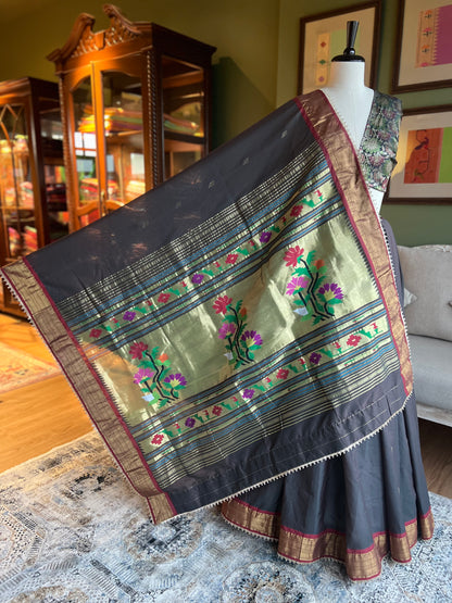 Charcoal Grey Cotton Paithani with Floral Pallu